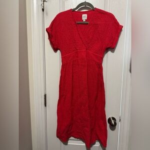 GAP Maternity/Nursing Red Ruched V-Neck Short Sleeve Midi Dress